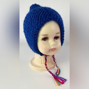 Hand Knitted Hand Made Baby Infant Bonnet Hat Dark Blue Multicolor Braided Ties